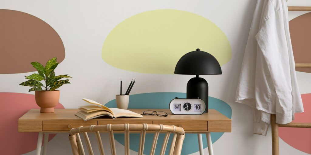 Retro-inspired wallpaper with vibrant colors and ovoid motifs