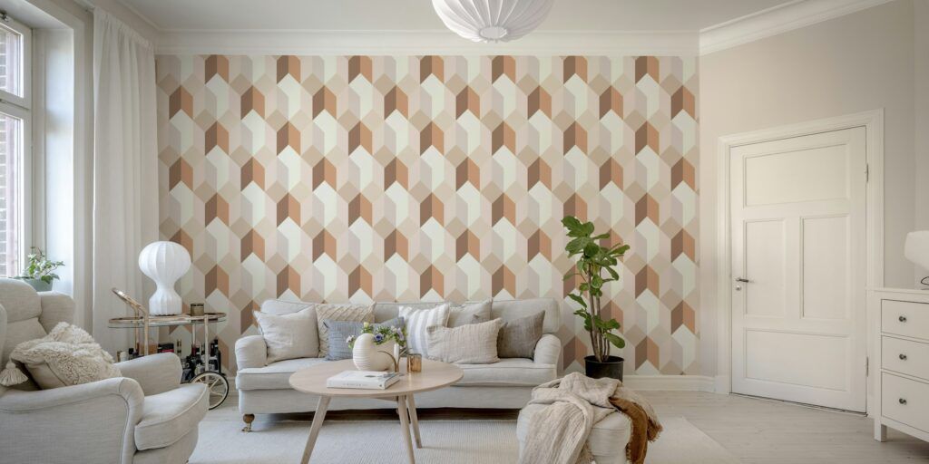 Diseño geométrico con tonos terrosos para papel pintado, incluyendo el color Pantone 2025, Mocha Mousse