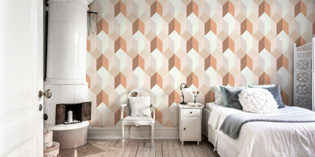 Diseño geométrico con tonos terrosos para papel pintado, incluyendo el color Pantone 2025, Mocha Mousse