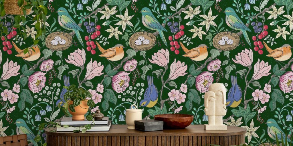 estampado natural con pajaros, petirrojos y flores bonitas para papel pintado