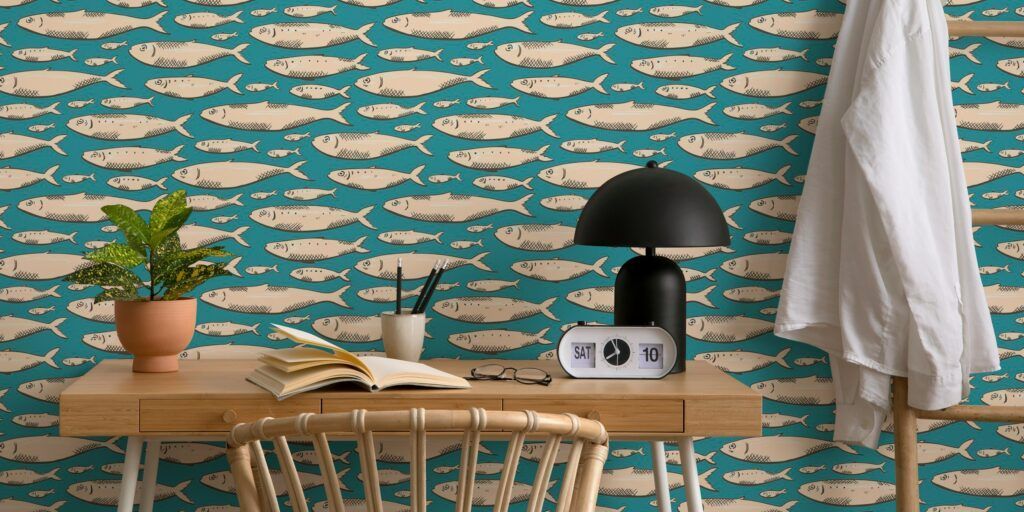 estampado para papel pintado con banco de sardinas