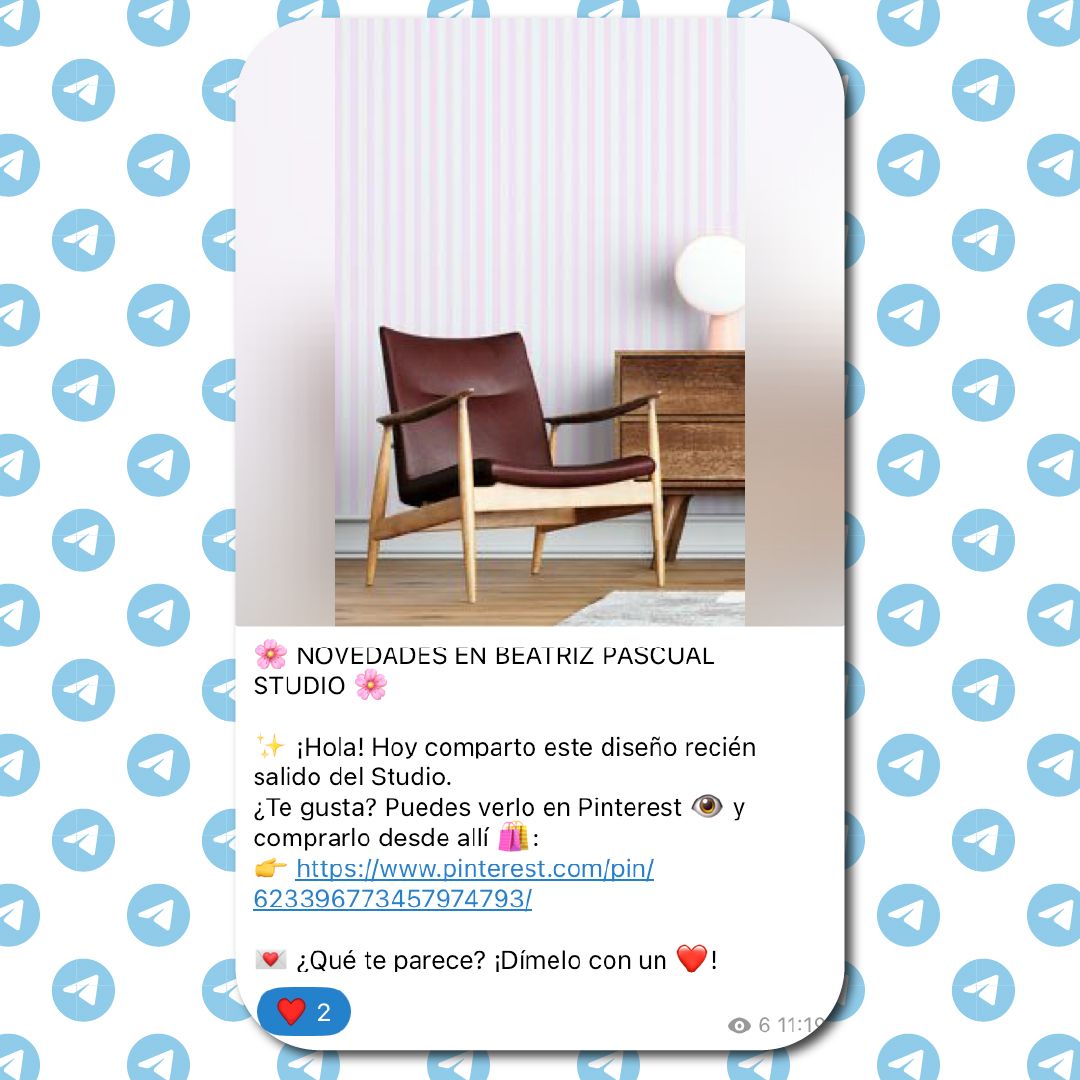 ejemplo de pin publicado en el nuevo canal de telegram de diseño de patterns, con un estampado de rayas aplicado a papel pintado, disponible en HappyWall.