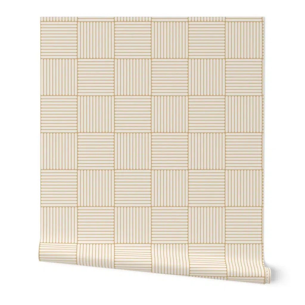 Japandi Grid print design in soft mustard and white Cloud Dancer by Beatriz Pascual Studio