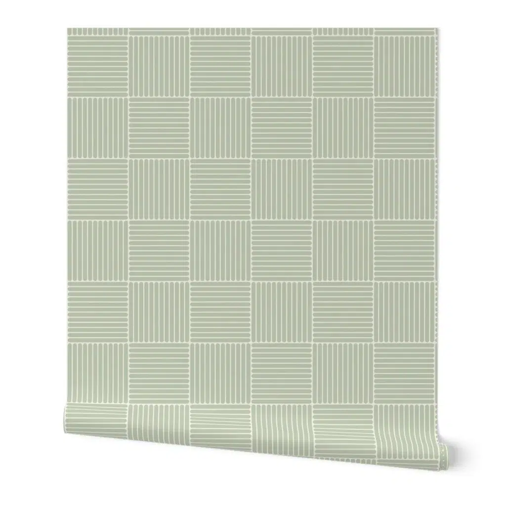 Japandi Grid print design in sage green and white Cloud Dancer by Beatriz Pascual Studio