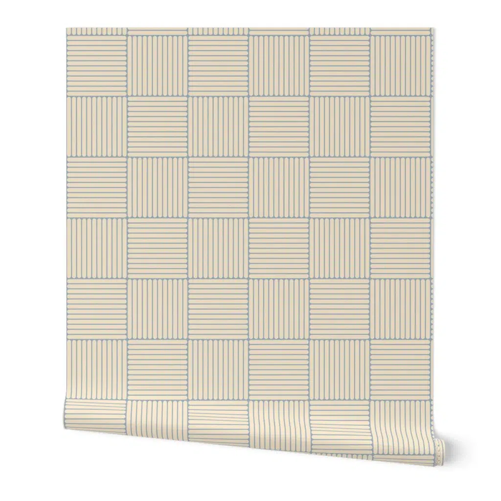 Vanilla and powder blue Japandi Grid print design by Beatriz Pascual Studio