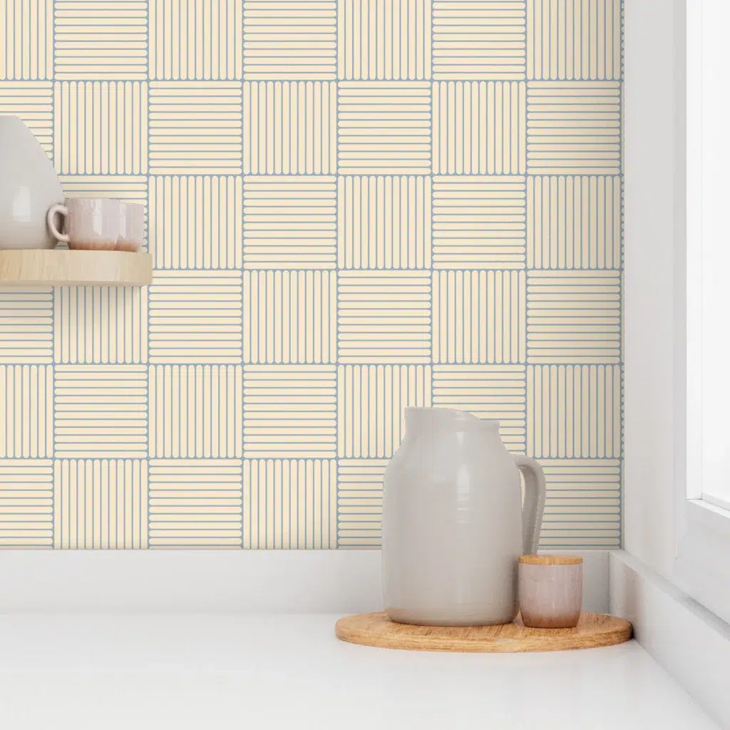 Vanilla and powder blue Japandi Grid print design by Beatriz Pascual Studio