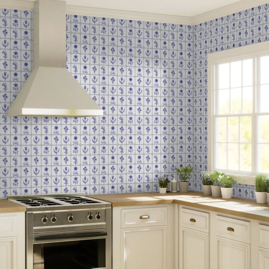 20951742-Wallpaper in Delft Porcelain Floral Tile Pattern Indigo & Lavender-Blue P25530-01 L-5