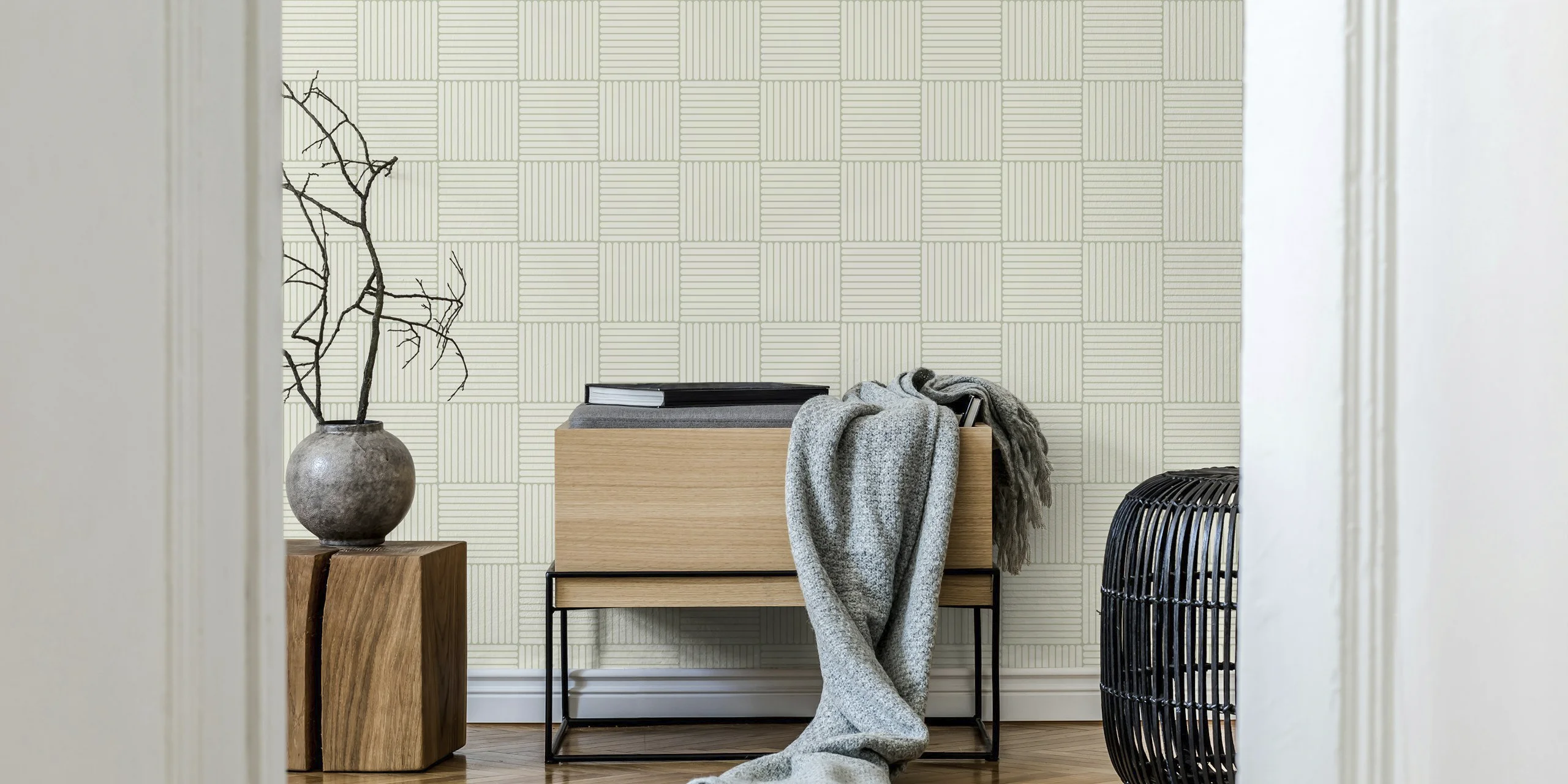 Japandi Grid print design in sage green and white Cloud Dancer by Beatriz Pascual Studio. Wallpaper available at HappyWall