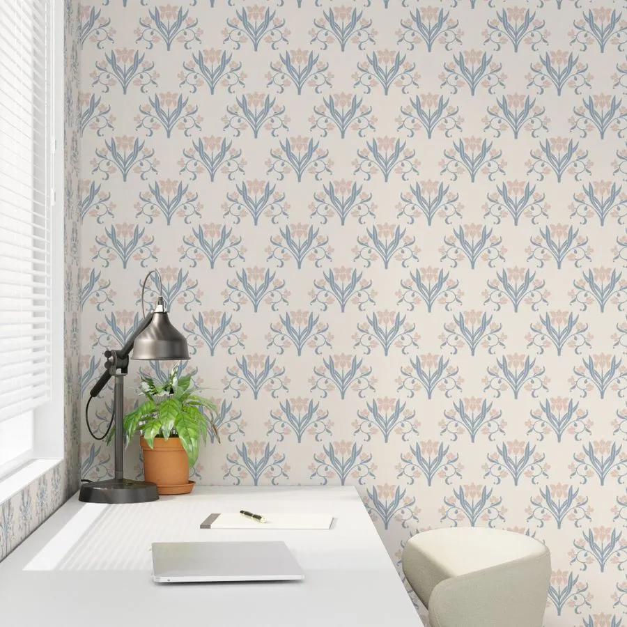 20766783-Wallpaper in P25000-03 Large Whispering Lilies in Powder Rose Warm Ivory & Misty Blue-2 | Beatriz Pascual Studio