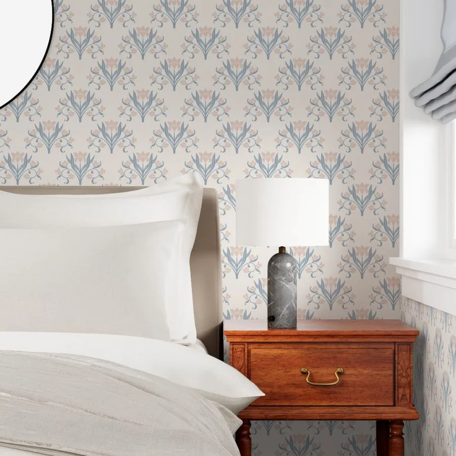 20766783-Wallpaper in P25000-03 Large Whispering Lilies in Powder Rose Warm Ivory & Misty Blue | Beatriz Pascual Studio